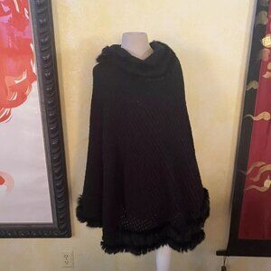 Alberto Makali Black Rabbit Fur Knit Cape Poncho NWT Wrap One Size OS Sweater